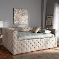 Baxton Studio CF8987-B-Light Beige-Daybed-Q Anabella Modern and Contemporary Light Beige Fabric Upholstered Queen Size Daybed